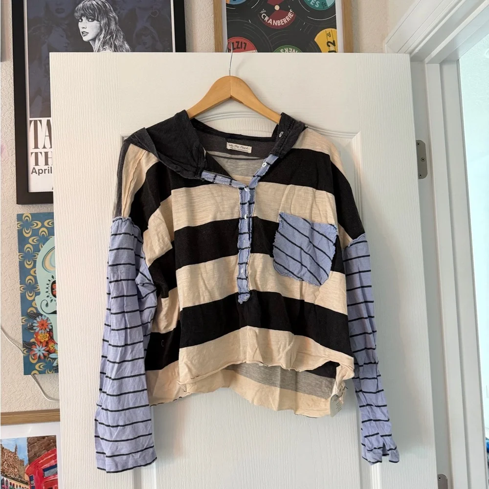 Free People Striped Cropped Hoodie with Mixed Blue Sleeves small